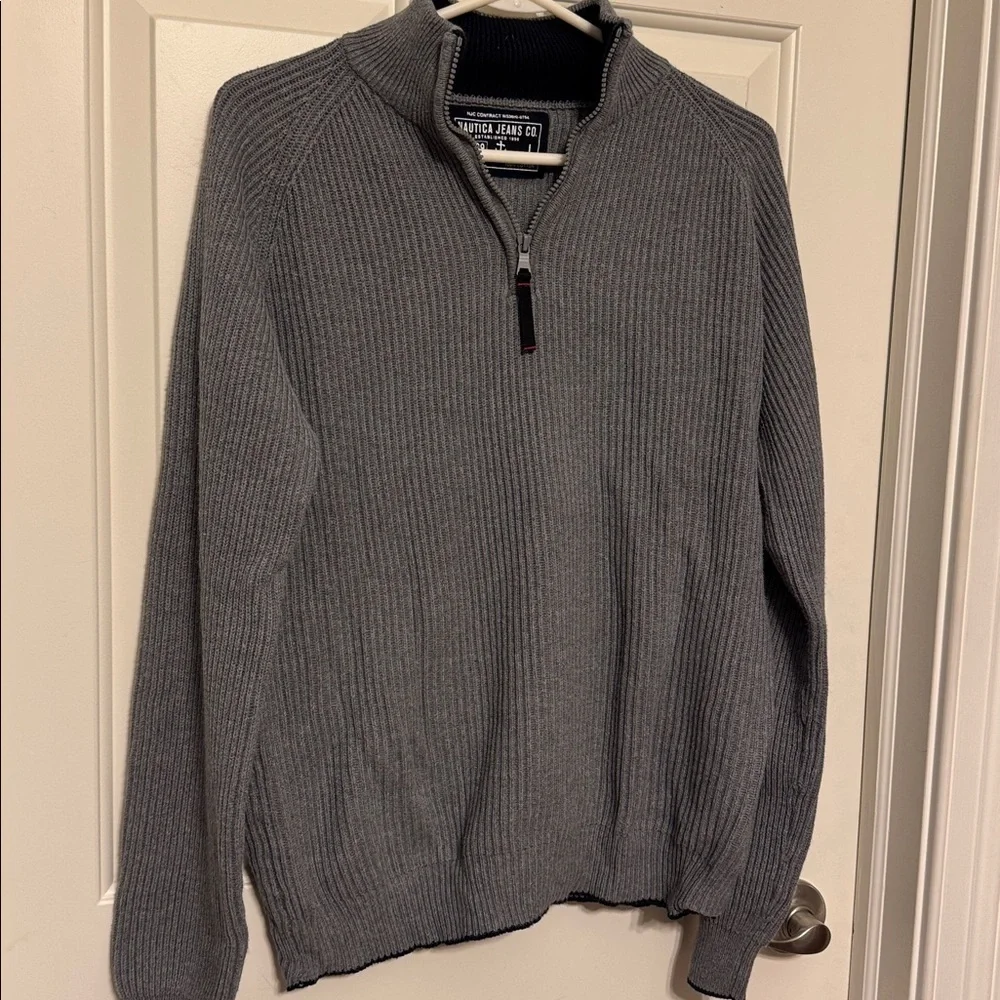 Y2K Nautica Jeans Mens Preppy Sailing Mall Gray 1/4 Zip Pullover Sweater Sz. Lg